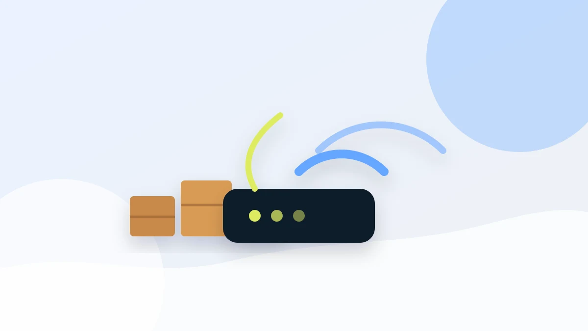 Router wifi, cavo fibra e scatole da trasloco in casa